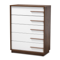 Baxton Studio LV3COD3231WI-Columbia/White-5DW-Chest Mette Mid-Century Modern Two-Tone White and Walnut Finished 5-Drawer Wood Chest